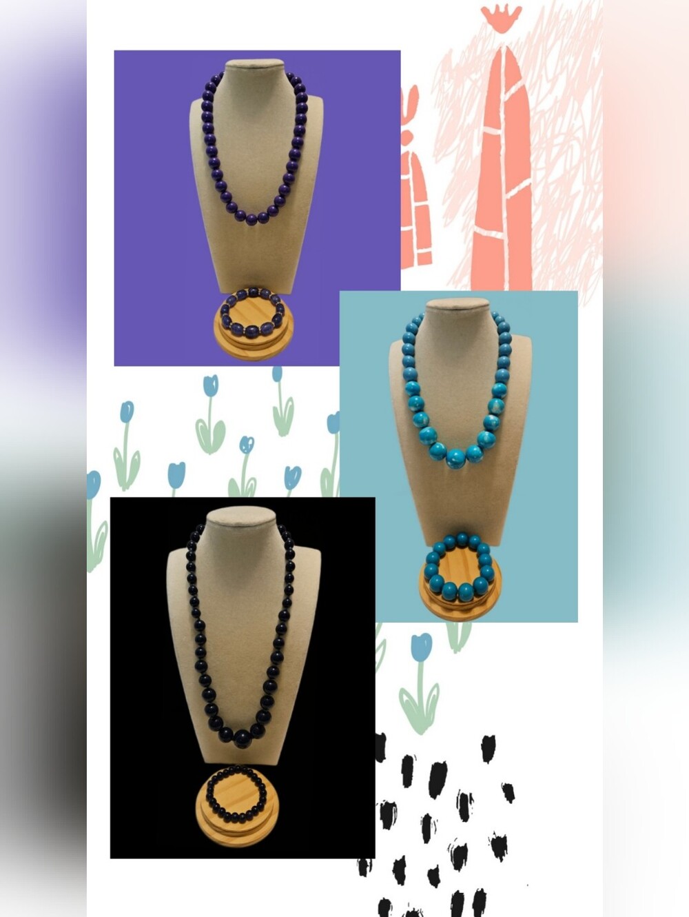 Glass & Acrylic Bead Necklace & Bracelet Bundle In Purple, Blue And Black